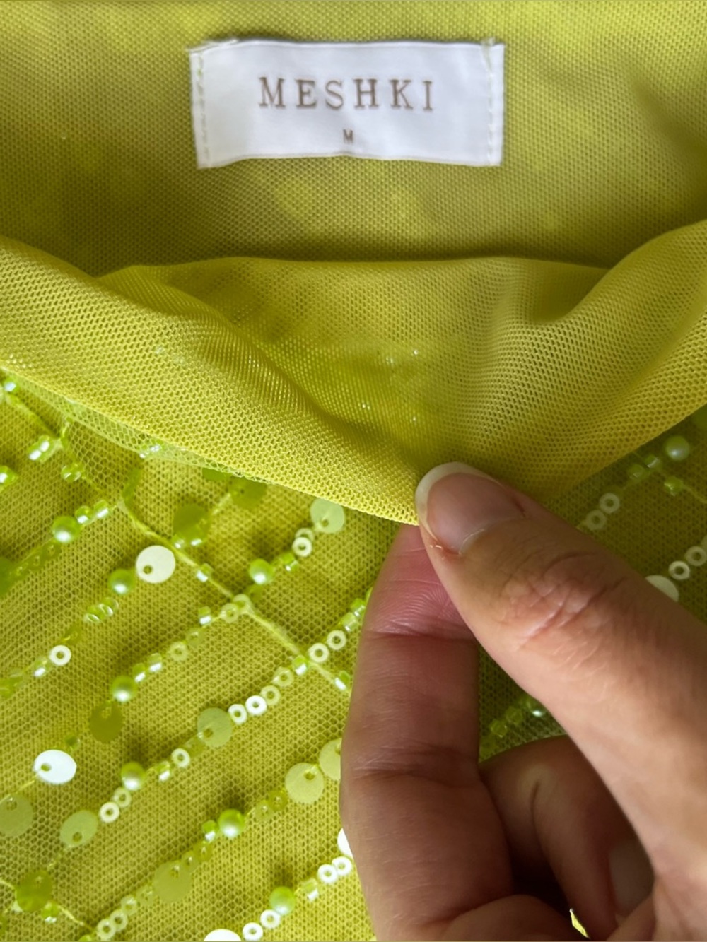 Meshki Lime Green Sequin Midi Dress Size S/M Halter Neck & Skirt Set - Picture 12 of 16